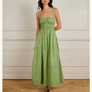 Smocked Eyelet Maxi Dress in Sage Green